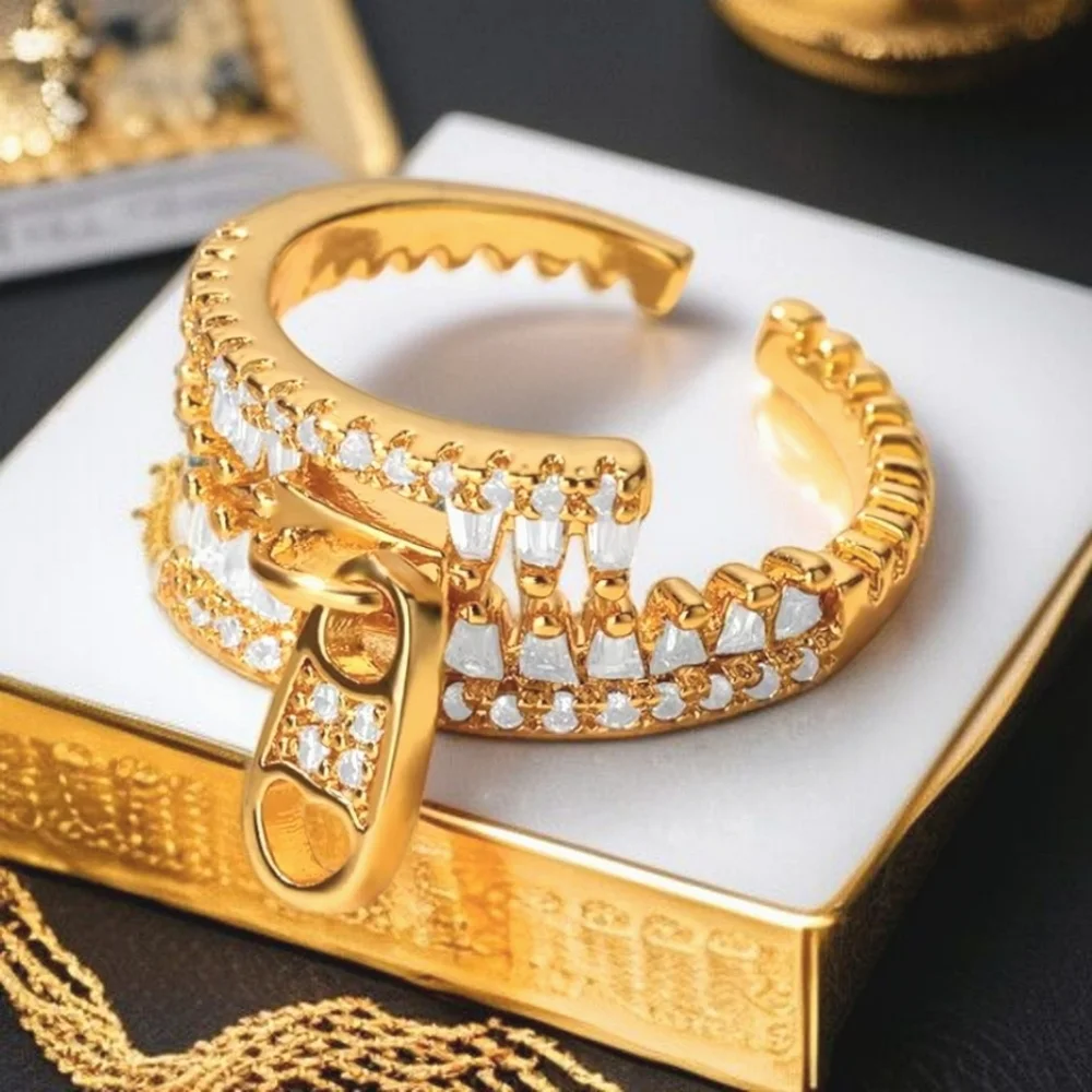 18k Gold Plated Stainless Zircon Crystal Zipper Pull Ring